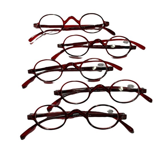 Mini Oval Round Reading Glasses with Spring Temple Sunshine - Red 5-pack +0.75 - Picture 1 of 4